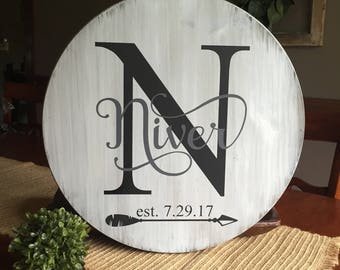 Round wooden monogram sign
