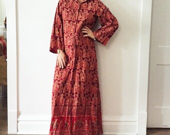Vintage 70s Block Print Kaftan , India Cotton Kaftan , BOHO Hippie Caftan