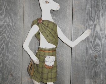 Scottish Hare Rabbit wearing Kilt Primitive Soft Sculpture Doll
