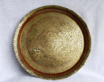 Vintage enameled etched brass tray...etched brass tray...enameled tray...shabby chic...worn enamel.