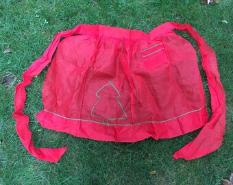 Vintage Christmas Half Apron Red Sheer Hostess Apron Retro Christmas Kitchen Apron Holiday Party Hostess Gift Green Christmas Tree Design