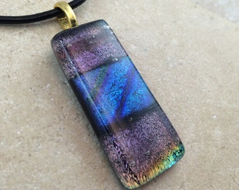 Rainbow Necklace, Glass Jewelry, Fused Glass Jewelry, Dichroic Pendant, Dichroic Glass Jewelry, Rainbow Dichroic, Gold Bail - HEA331