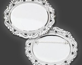 Pin Back Setting, Lightweight Cabochon Setting, silver-plated brass, 40x30mm, 1 each, D423