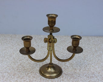 Miniature Brass Candelabra with Cross Accent Depicting Jesus/Mini Brass Candelabra/Candelabra with Cross/