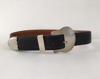 Vintage Black Leather Western Belt Silver Buckle Metal Tipped Waist Belt Size Small Cowboy Belt