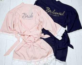 Bridesmaid Robe - Bridal Party Dressing Gowns - Bride Robes - Hen Party - Personalised Bridal Party Robes - Bridesmaid Gift - Lace Trim Robe