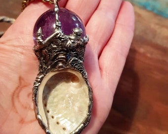 Unique Pendant, Amethyst Sphere, Australian Shell, Magical, Healing, Pendulum, Mermaid, Wicca, Tarot, Wedding, Witch Jewelry, Faery, Love.