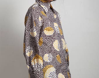 vintage 70s op art abstract blouse top floral dot print button down brown yellow LARGE L
