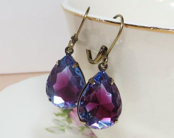 Sapphire Blue Rose Earrings Glass Jewel Earrings Dangles Vintage Jewels Estate Style Old Hollywood Shabby Chic Victorian Blue Rose Jewelry