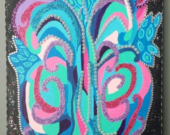 One of a Kind, Mixed-Media Artwork, Multi-Coloured Painting, Inspirational, For Kids, Hope Springs Eternal, 70's Style, Water-Like, Pink,