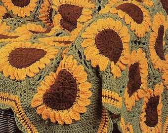 Vintage Crochet Sunflowers Afghan Pattern PDF Instant Digital Download Beautiful Sun Flower Garden 59x87