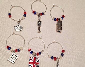 Royal Wedding Wine Charms; British Charms; Celebrate Harry & Meghan; Set of 6; Crown; Beefeater; Phone Booth; Biscuit; Royal Jack; Big Ben