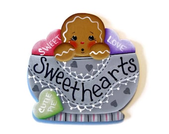 Ginger in Bowl with Candy Hearts Ornament or Fridge Magnet, Handpainted Wood, Hand Painted Gingerbread Refrigerator Magnet, Valentine's Day