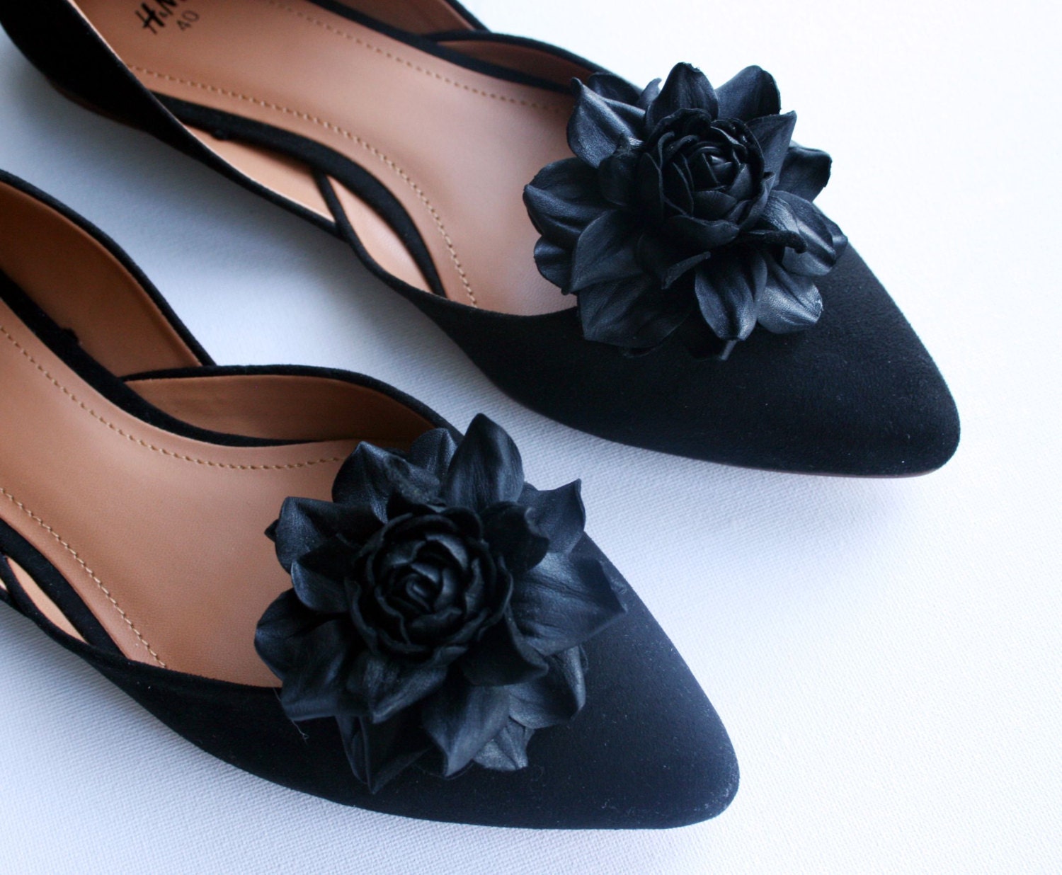 Black Leather Rose Flower Shoe Clips