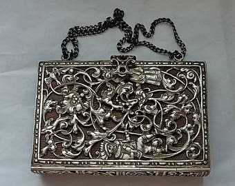Antique English Sterling Silver Purse Filigree Scene Man Woman Animals Cherubs