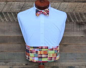 Mens Cummerbund Set~Patchwork Cummerbund~Patchwork Madras Bow Tie~Mens Formal Wear~Mens Bow Tie~Self Tie Bow Tie~Wedding~Mens Gift~Groomsmen