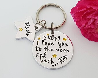 Father's Day Gift, Daddy Gift, Love You To The Moon and Back, Dad Keyring Keychain, Hand Stamped Personalised, Daddy, Father, Grandad Gift
