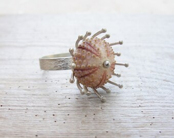 Pink Sterling Silver ring Sea urchin ring Sea anemone