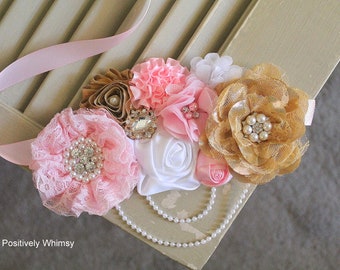 Gold Pink Belly Sash, Pink Gold Maternity Sash, Girl Maternity Sash, Baby Shower Sash, Gold Flower Girl Sash, RTS, Pink, Gold, White