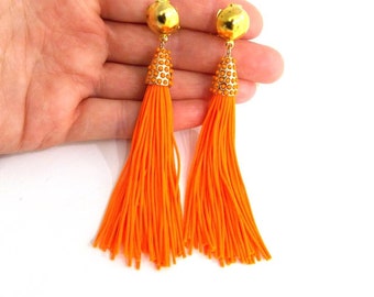 Bright Orange Clip-O Tassel Drop Statement Earrings