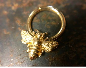 Gold Bee Septum Ring ~ Honey Bee Body Jewelry ~ Yellow Gold Dipped Sterling Silver ~ Daith Piercing ~ Wings Up Bee Nose Ring