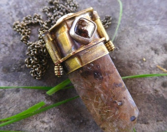 Rutilated quartz crystal necklace | box necklace | crystal pendant | crystal point and healers gold | boho necklace Brass crystal necklace