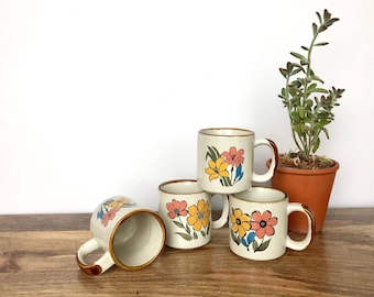 Vintage Mugs | Set of 4 Pottery Mugs | Colorful Flower Design | Vintage Serveware, Drinkware, Kitchenware