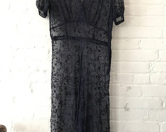 Late 1930s early 1940s vintage Eyelet Sheer navy blue dress smocked shoulders swing 30s 40s lace