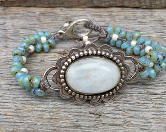 Sterling Moonstone Statement Bracelet Handmade . Czech Glass Beads. Rustic . Earthy . Boho .