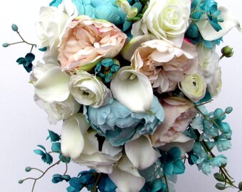 Bridal Bouquet, Bridesmaid Bouquet, Teal, Turquoise, Blush, White, Roses, Calla Lilies, Cascade, Silk Floral, Peonies