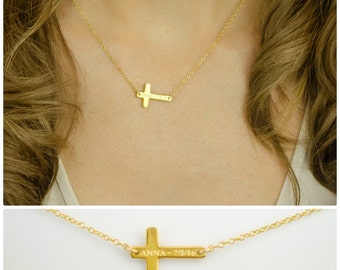 Engraved Cross Necklace, sideways cross, Personalized gold cross necklace, name necklace, custom necklace, Religious Jewelry, Baptism Gift