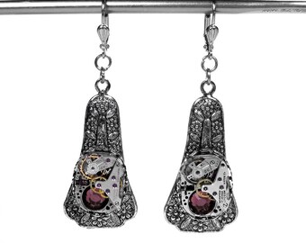 Steampunk Jewelry Earrings Womens Dangle Vintage Petite Movements Topaz Crystal Steam Punk Wedding Valentine - Jewelry by Steampunk Boutique
