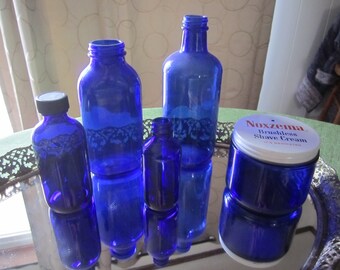 Cobalt Blue Bottle Assortment of 5 Apothecary Bud Flower Vases Noxcema Jar