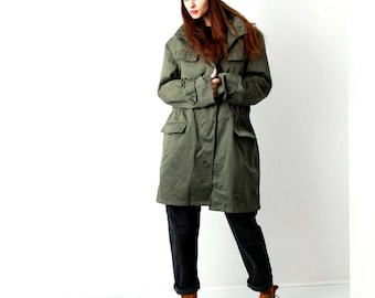Vintage Khaki Mens Coat / Military Coat / Army Khaki Coat / Cargo Coat / Maxi Coat / Size L