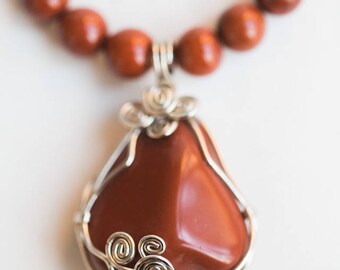 Red Jasper Wire Wrapped Pendant Necklace
