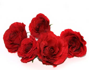 5 Red Garden Roses - Artificial Flowers, Silk Roses