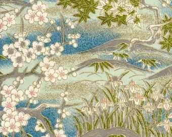 Chiyogami or yuzen paper - aqua garden with mountains, 9x12 inches