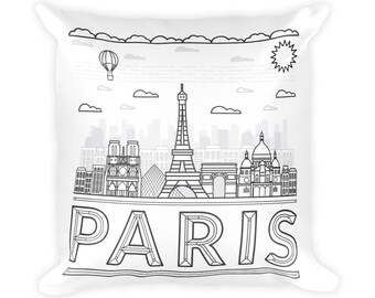 PARIS SKYLINE PILLOW 18”x18”, Paris Pillow, Paris Art, Paris Gift, Paris Print, Paris Illustration, Vintage, Paris Decor, Retro, Typography