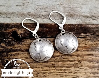 Mercury Dime Drop Earrings - Mercury Dime Earrings - Silver Coin Earrings - Domed Coin Earrings - Coin Dangle Earrings- Silver Dime Earrings