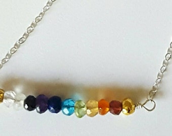 Rainbow Natural Gemstone & Sterling Silver Bar Necklace