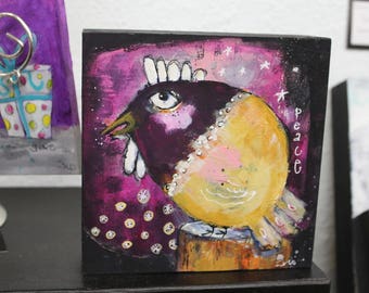 Peace Inspirational 6x6 Folk Art Mixed Media Bird Original Small Art on Wood by Jodi Ohl