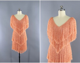 Vintage 1980s Fringed Dress / French Rags / 80s Fringe Disco Party Dress / Knit Sweater Dress / Apricot Orange