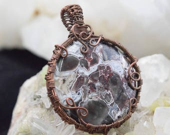 Crazy Lace Agate - Wire wrapped oxidized copper wire pendant