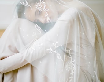 Cafe fingertip wedding veil with floral embroidery