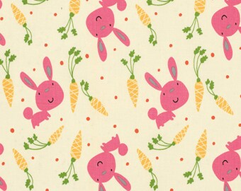Sale - Pink Bunny Fabric, Easter Quilt Fabric, Free Spirit Garden PWDW080 Pink, David Walker, Rabbit Fabric, Bunnies & Carrots, Cotton