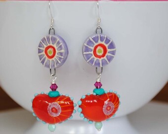 Valentine Earrings, Red Heart Earrings, Lampwork Glass Bead Jewelry, Funky Sweetheart Earrings, Boho Chic Earrings, Whimsical Earrings