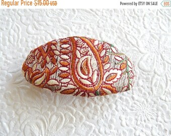 CLEARANCE - Brown barrette, embroidered barrette, floral barrette, paisley barrette, fabric barrette, oval barrette, hair accessory, womens