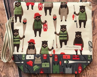 Gone fishing 1-2 skein Project Bag knitting crochet WIP Planner accessory embroidery Makeup travel
