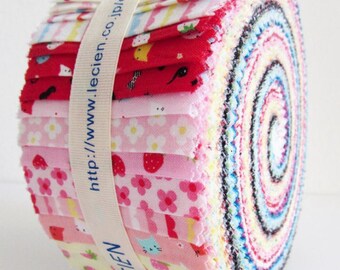 Animals, strawberries, floral small prints - Lecien Jelly Sushi Roll 2-1/2in x 43in Strips, Minny Muu F15 42-piece quilt cotton fabric pack