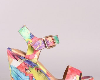 Printed Satin Buckle Ankle Strap Platform Wedge